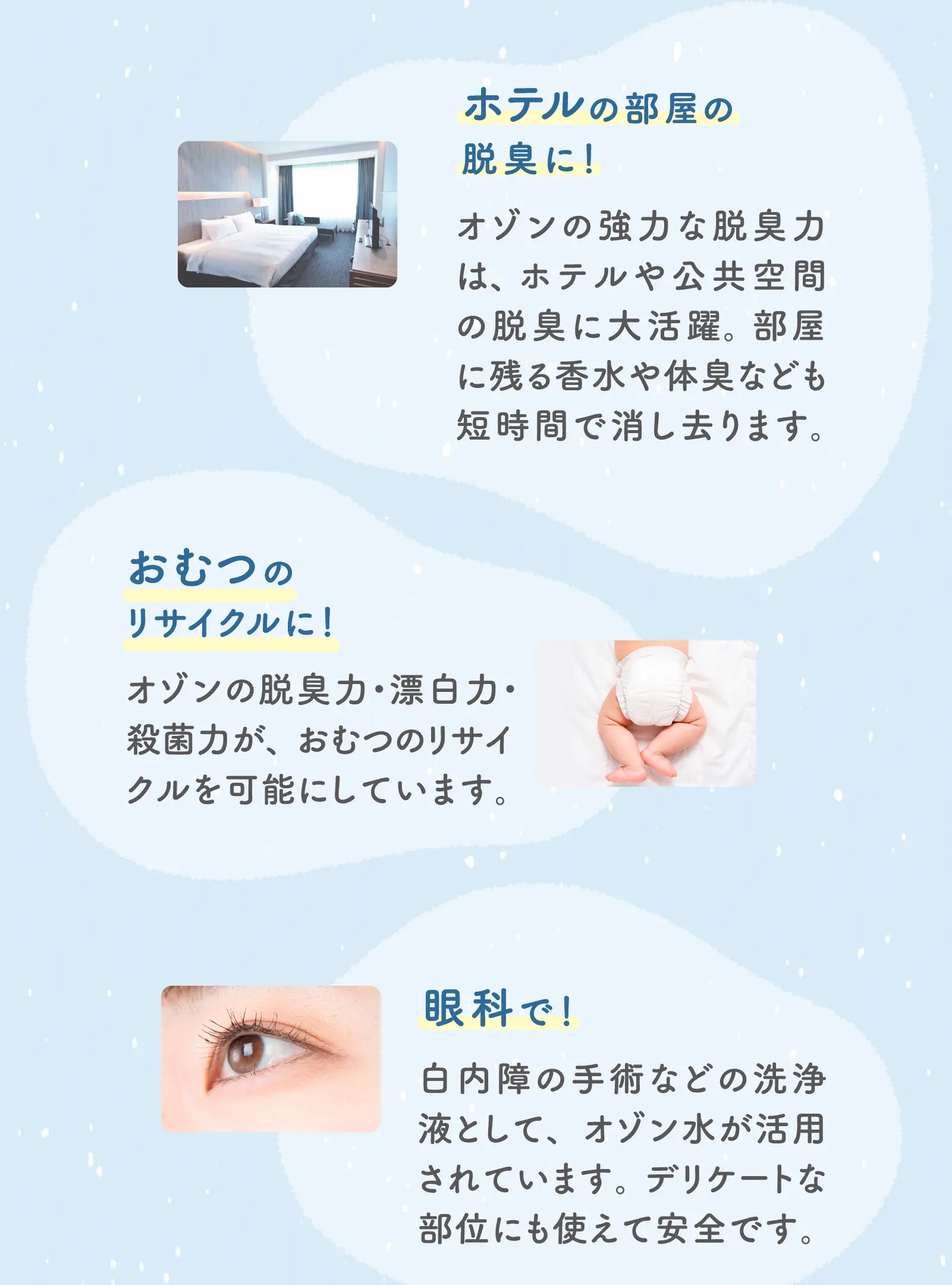 ホテルの部屋の脱臭に！おむつのリサイクルに！眼科で！白内障の手術などの洗浄液として