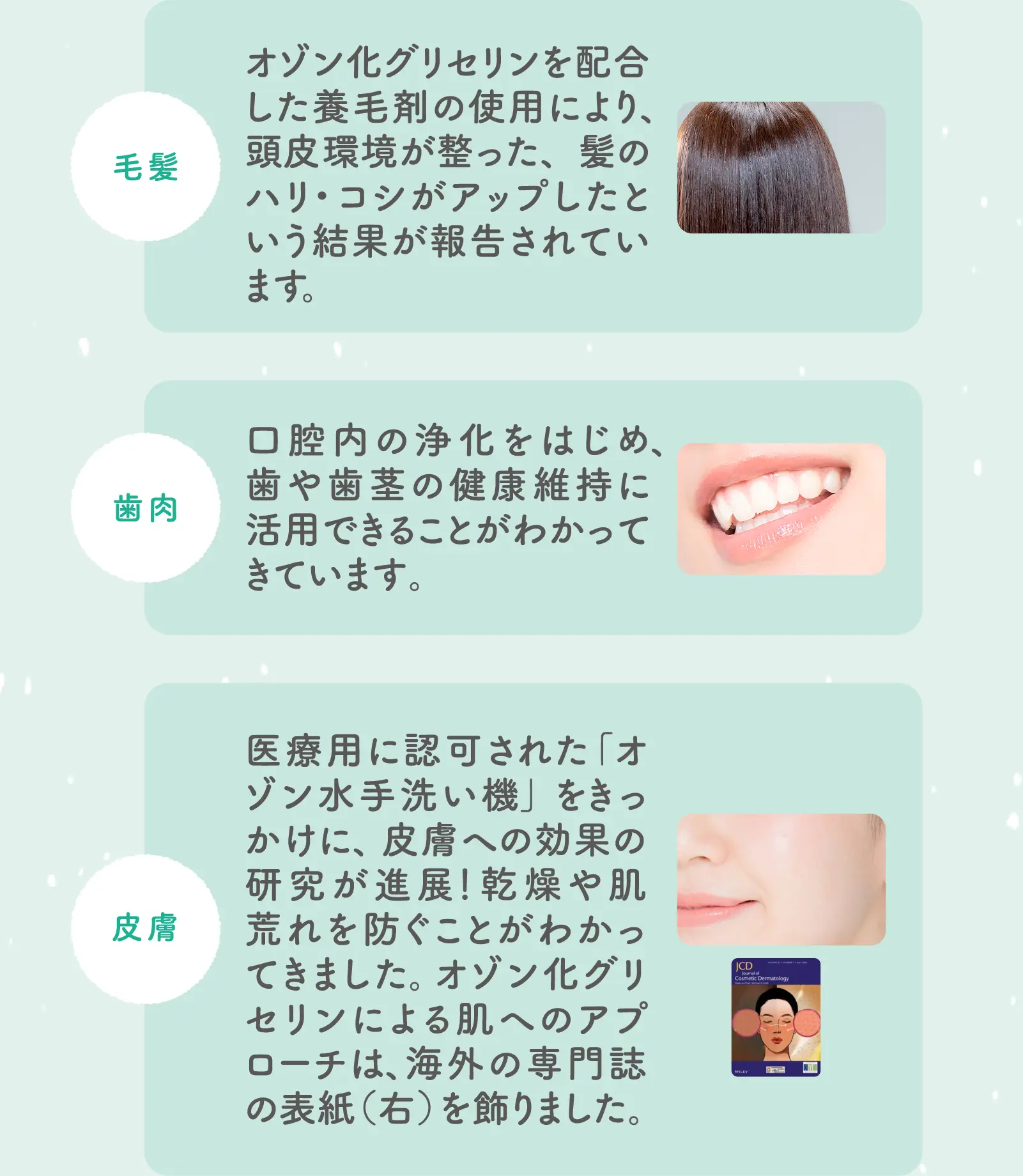 毛髪：オゾン化グリセリンを配合した養毛剤の使用により、頭皮環境が整った、髪のハリ・コシがアップしたという結果が報告されています。歯肉：口腔内の浄化をはじめ、歯や歯茎の健康維持に活用できることがわかってきています。皮膚：医療用に認可された「オゾン水手洗い機」をきっかけに、皮膚への効果の研究が進展！乾燥や肌荒れを防ぐことがわかってきました。オゾン化グリセリンによる肌へのアプローチは、海外の専門誌の表紙（右）を飾りました。