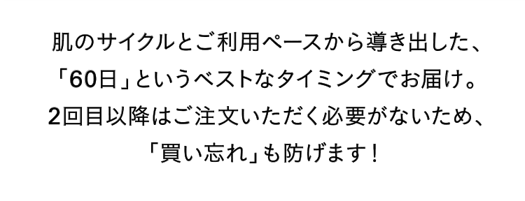 肌のサイクルとご利用ペースから導き出した、「60日」というベストなタイミングでお届け。2回目以降はご注文いただく必要がないため、「買い忘れ」も防げます！