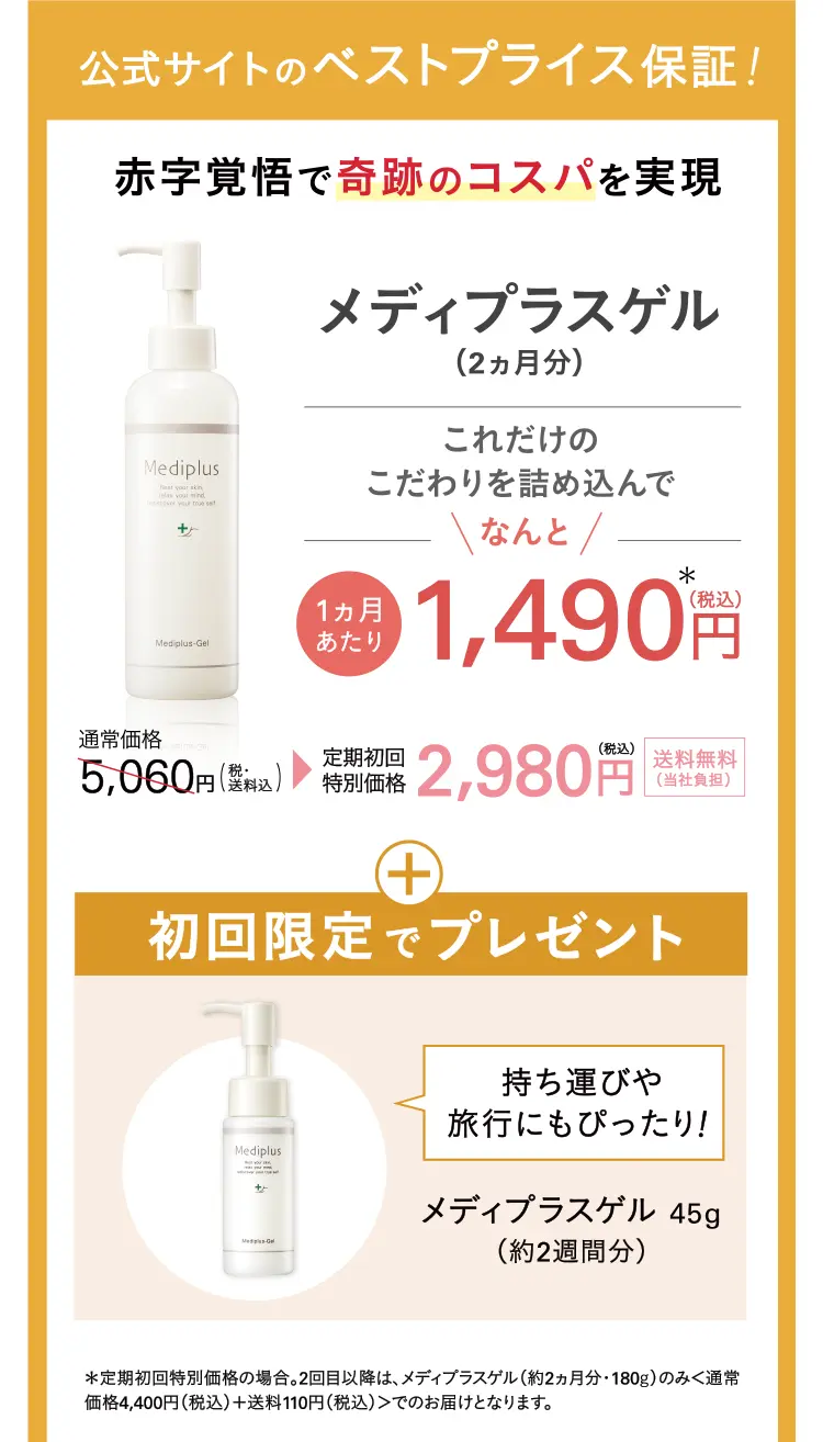 公式サイトのベストプライス保証!赤字覚悟で奇跡のコスパを実現 メディプラスゲル(2ヵ月分) これだけのこだわりを詰め込んでなんと! 1カ月あたり1,490円(税込)! 通常価格5,060円(税込)→定期初回特別価格2,980円(税込)送料無料 ※会員制度割引含む