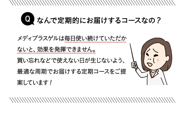 Qなんで定期的にお届けするコースなの? 角層ブースターゲル※は毎日使い続けていただかないと、効果を発揮できません。買い忘れなどで使えない日が生じないよう、最適な周期でお届けする定期コースをご提案しています!※角層にハリを与えること