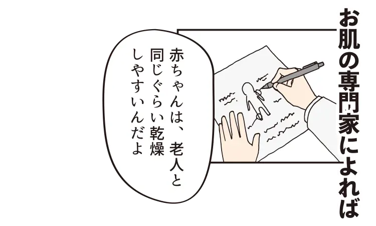 お肌の専門家によれば、赤ちゃんは老人と同じくらい乾燥しやすい。乾燥するとひどくなるから、乾かさないことが予防。