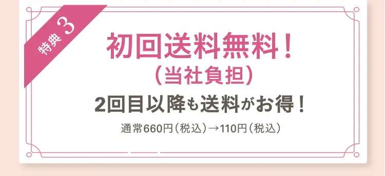 特典3 2回目まで送料無料!3回目以降も送料がお得!通常660円(税込)→110円(税込)
