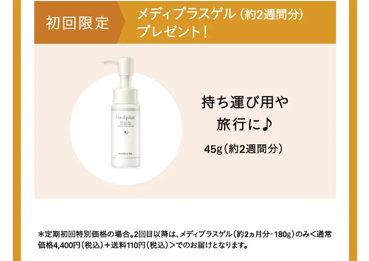 さらに メディプラスゲル（約2週間分）＆サンプルセットもプレゼント！ ※初回限定 メディプラスゲル（約2週間分）＆サンプルセットプレゼント！持ち運び用や旅行に♪ 45g（約2週間分）パッチテストやお試し用に ※サンプル内容は予告なく変更する場合があります。＊定期初回特別価格の場合。2回目以降は、メディプラスゲル（約2ヵ月分・180g）のみ＜通常価格4,400円に会員制度割引を適用＋送料110円（税込）＞でのお届けとなります。