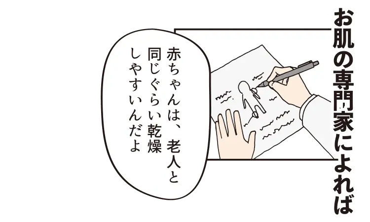 お肌の専門家によれば、赤ちゃんは老人と同じくらい乾燥しやすい。乾燥するとひどくなるから、乾かさないことが予防。