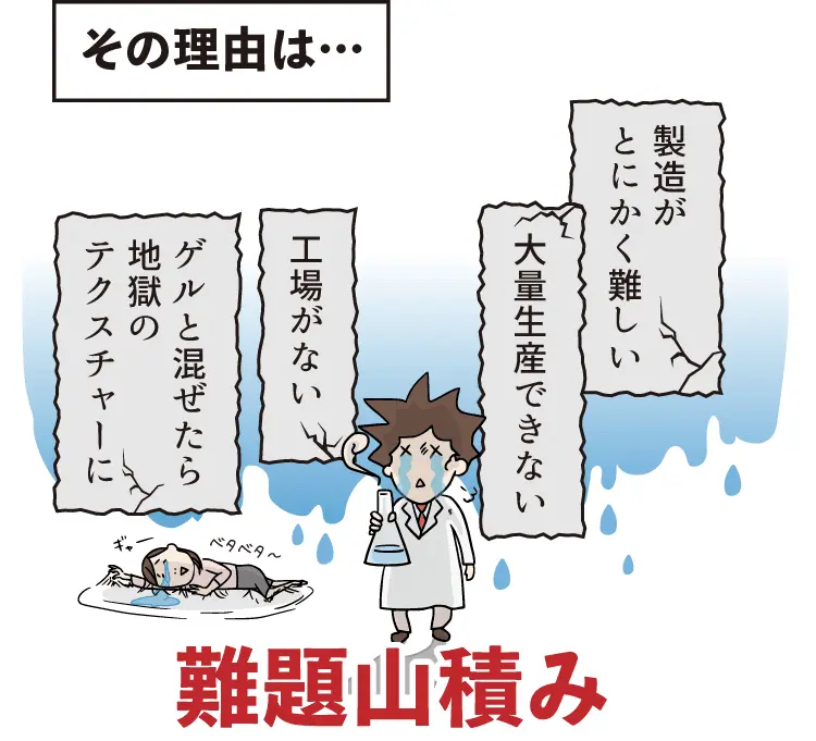その理由は…製造がとにかく難しい 大量生産できない 工場がない ゲルと混ぜたら地獄のテクスチャーに 難題山積み