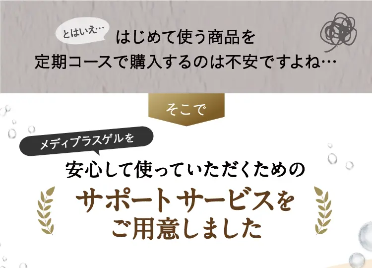 とはいえ…はじめて使う商品を定期コースで購入するのは不安ですよね…そこで乾燥予防ゲルを安心して使っていただくためのサポートサービスをご用意しました ※角層にハリを与えること