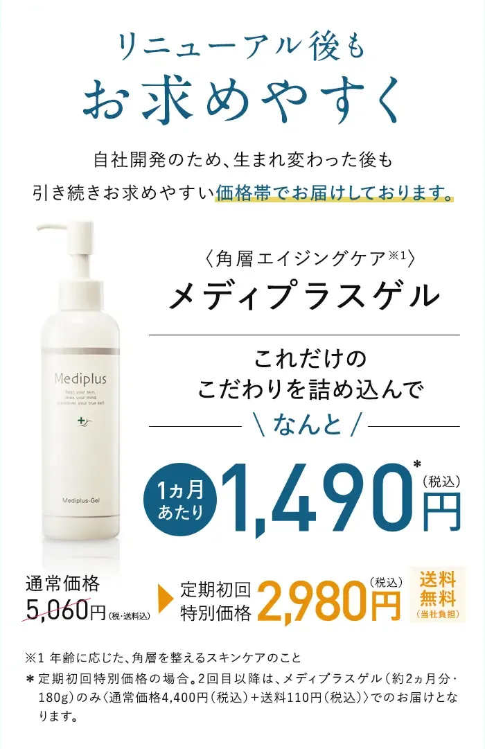 リニューアル後もお求めやすく 自社開発のため、生まれ変わった後も引き続きお求めやすい価格帯でお届けしております。〈角層エイジングケア※1〉メディプラスゲル これだけのこだわりを詰め込んでなんと1ヵ月あたり1,490円(税込) 通常価格 5,060円(税・送料込)が定期初回特別価格2,980円(税込) 送料無料 ※1 年齢に応じた、角層を整えるスキンケアのこと *定期初回特別価格の場合。2回目以降は、メディプラスゲル(約2ヵ月分・180g)のみ<通常価格4,400円(税込)に会員制度割引を適用+送料110円(税込)〉でのお届けとなります。
