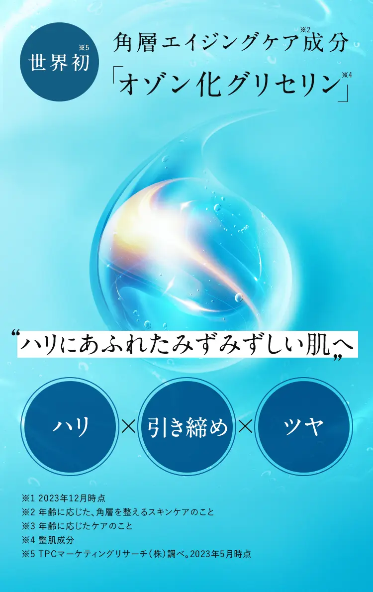 世界初 角層エイジングケア成分「グリセナジーRB」ハリにあふれたみずみずしい肌へ ハリ×引き締め×ツヤ ※1 2020年5月時点※2 年齢に応じた、角層を整えるスキンケアのこと※3 年齢に応じたケアのこと　※4 グリセナジーRB：オゾン化グリセリン（整肌成分）※5 TPCマーケティングリサーチ（株）調べ。2023年5月時点
