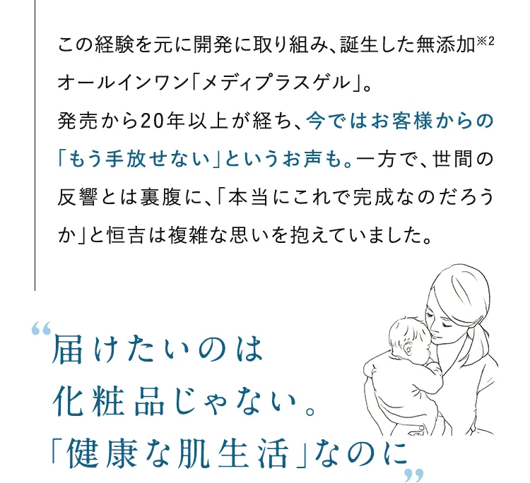 この経験を元に開発に取り組み、誕生した無添加※2オールインワン「メディプラスゲル」。発売から20年以上が経ち、今ではお客様からの「もう手放せない」というお声も。一方で、世間の反響とは裏腹に、「本当にこれで完成なのだろうか」と恒吉は複雑な思いを抱えていました。”届けたいのは化粧品じゃない。「健康な肌生活」なのに”