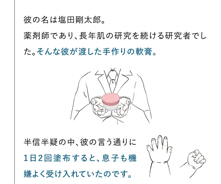 彼の名は塩田剛太郎。薬剤師であり、長年肌の研究を続ける研究者でした。そんな彼が渡した手作りの軟膏。半信半疑の中、彼の言う通りに1日2回塗布すると、息子も機嫌よく受け入れていたのです。