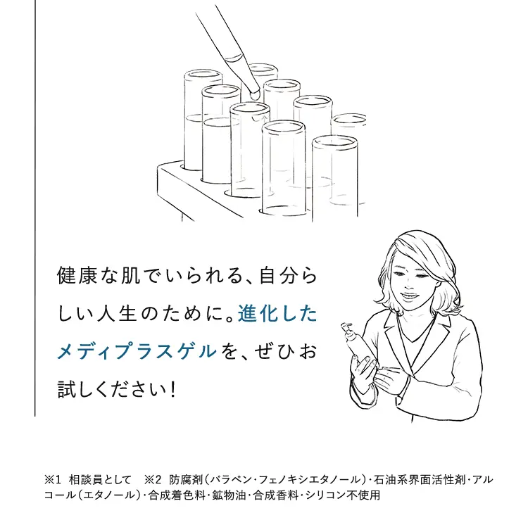 健康な肌でいられる、自分らしい人生のために。進化したメディプラスゲルを、ぜひお試しください！ ※1 相談員として ※2 防腐剤（バラベン・フェノキシエタノール）・石油系界面活性剤・アルコール（エタノール）・合成着色料・鉱物油・合成香料・シリコン不使用