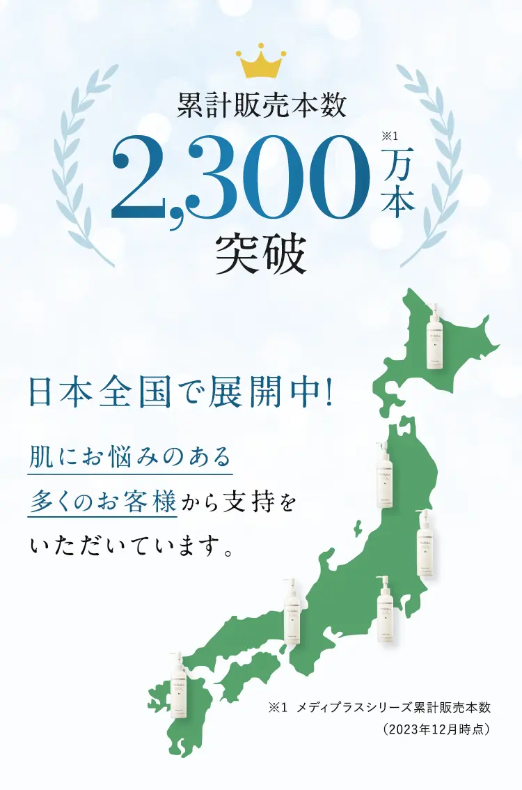 累計販売本数2,000万本※1突破日本全国で展開中!肌にお悩みのある多くのお客様から支持をいただいています。※1 2020年5月時点:メディプラスシリーズ累計本数