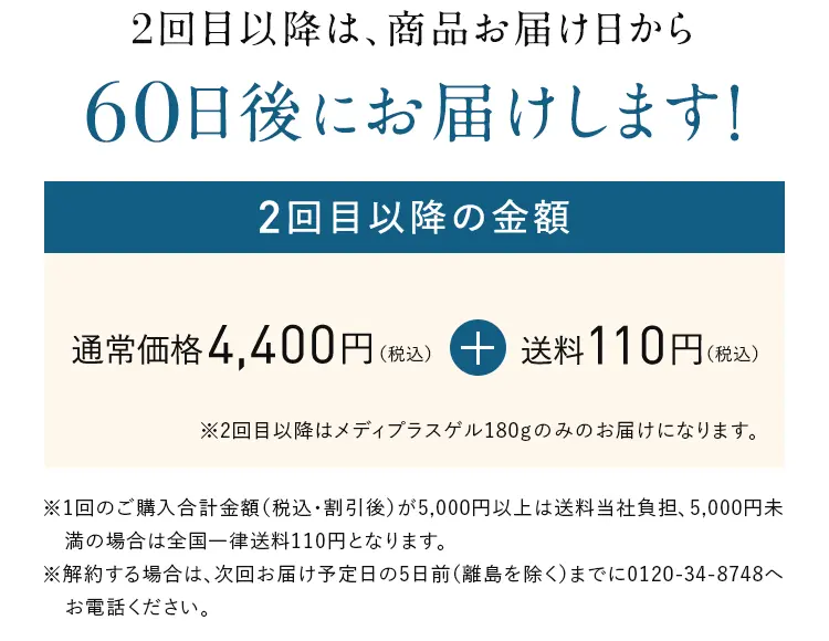 2回目以降は、商品お届け日から60日後にお届けします!2回目以降の金額 通常価格4,400円(税込)に会員制度割引を適用+送料110円(税込）※2回目以降はメディプラスゲル180gのみのお届けになります。 ※1回のご購入合計金額(税込・割引後) が5,000円以上は送料無料、5,000円未満の場合は全国一律送料110円となります。※解約する場合は、次回お届け予定日の5日前(離島を除く)までに0120-34-8748へお電話ください。