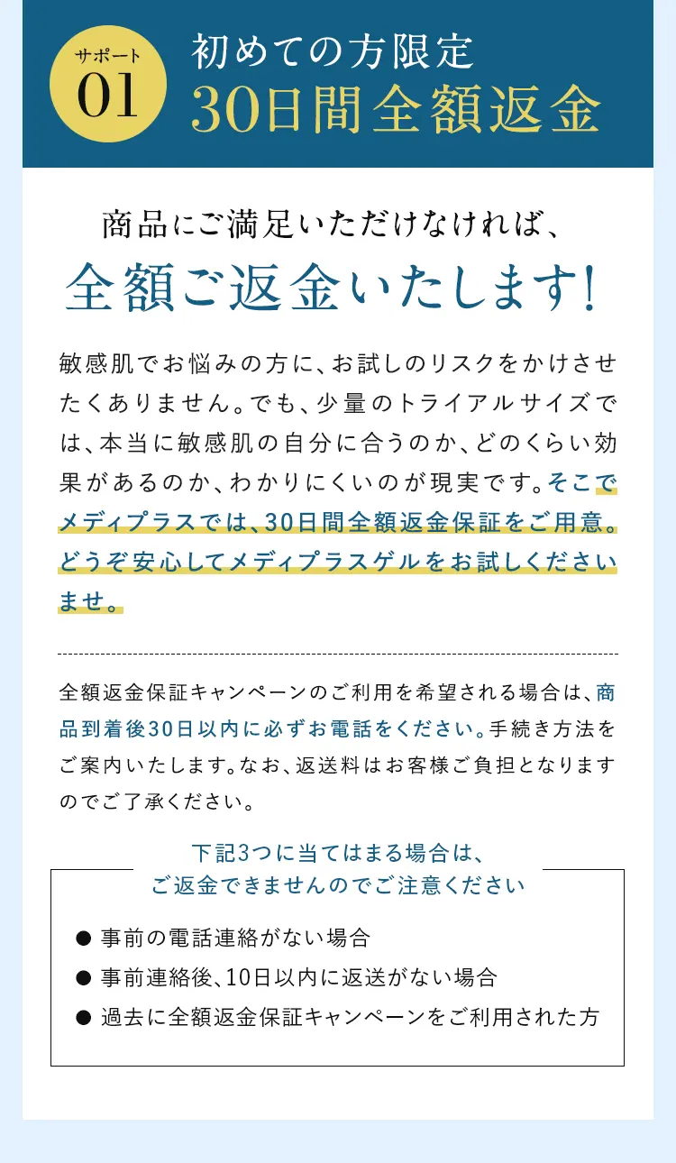 サポート01 30日間全額返金商品にご満足いただけなければ、全額ご返金いたします! 敏感肌でお悩みの方に、お試しのリスクをかけさせたくありません。でも、サンプルや少量のトライアル品では、本当に敏感肌の自分に合うのか、どのくらい効果があるのか、わかりにくいのが現実です。そこでメディプラスでは、30日間全額返金保証をご用意。どうぞ安心してメディプラスゲルをお試しくださいませ。全額返金保証キャンペーンのご利用を希望される場合は、商品到着後30日以内に必ずお電話をください。手続き方法をご案内いたします。 なお、返送料はお客様ご負担となりますのでご了承ください。下記3つに当てはまる場合は、ご返金できませんのでご注意ください・事前の電話連絡がない場合・事前連絡後、10日以内に返送がない場合・過去に全額返金保証キャンペーンをご利用された方