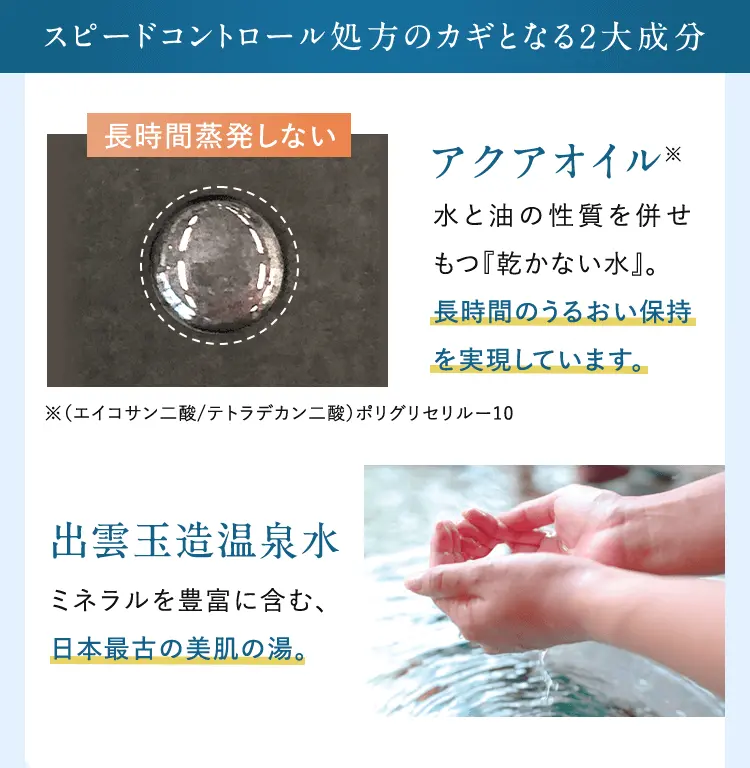 スピードコントロール処方のカギとなる2大成分 アクアオイル※水と油の性質を併せもつ『乾かない水』。長時間のうるおい保持を実現しています。※(エイコサン二酸/テトラデカン二酸) ポリグリセリル-10 出雲玉造温泉水ミネラルを豊富に含む、日本最古の美肌の湯。
