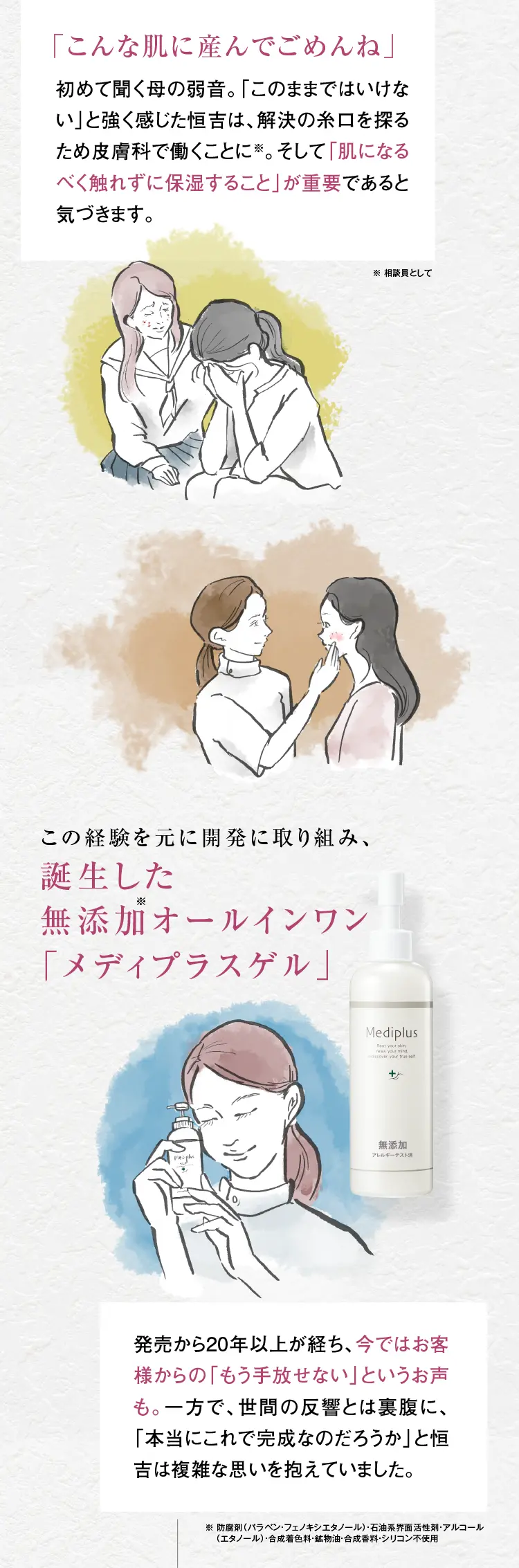 「こんな肌に産んでごめんね」
初めて聞く母の弱音。「このままではいけない」と強く感じた恒吉は、解決の糸口を探るため皮膚科で働くことに※。そして「肌になるべく触れずに保湿すること」が重要であると気づきます。この経験をに開発に取り組み、誕生した無添加オールインワン「メディプラスゲル」