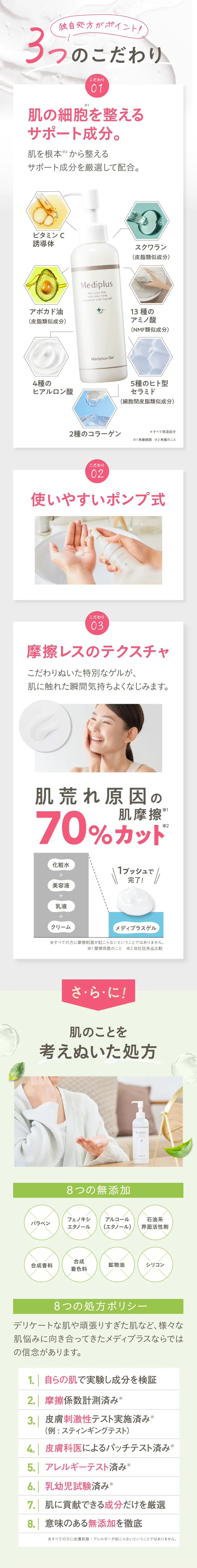 こだわりたっぷり！肌の細胞を整えるサポート成分、使いやすいポンプ式、気持ち良いテクスチャ、8つの無添加、4つの低刺激評価
