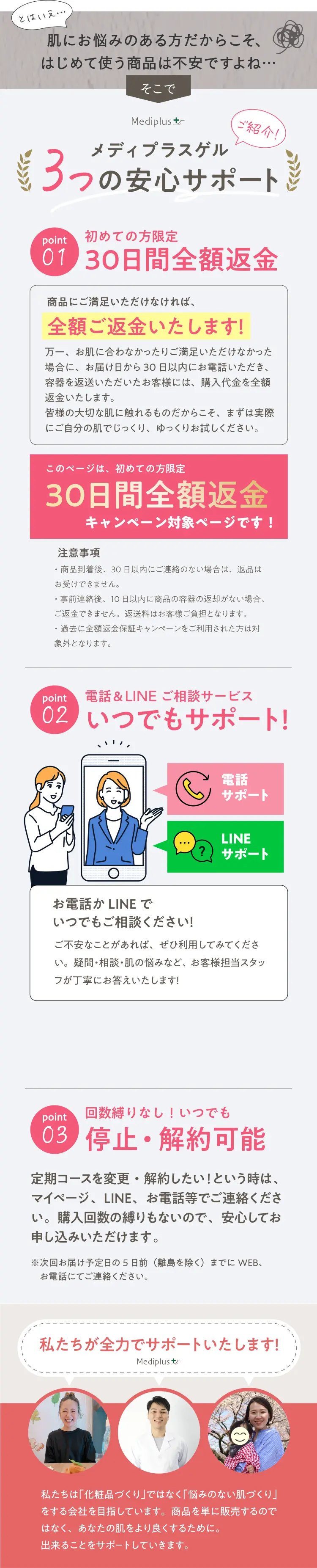 肌にお悩みのある方だからこそ、はじめて使う商品は不安ですよね・・・そこでメディプラスゲル 安心サポート