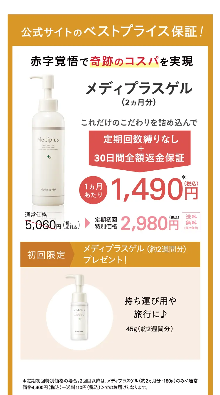 公式サイトのベストプライス保証！赤字覚悟で奇跡のコスパを実現 メディプラスゲル(2ヵ月分) これだけのこだわりを詰め込んでなんと 1カ月あたり1,490円（税込） * 通常価格5,060円（税・送料込）→定期初回特別価格2,980円（税込）送料無料