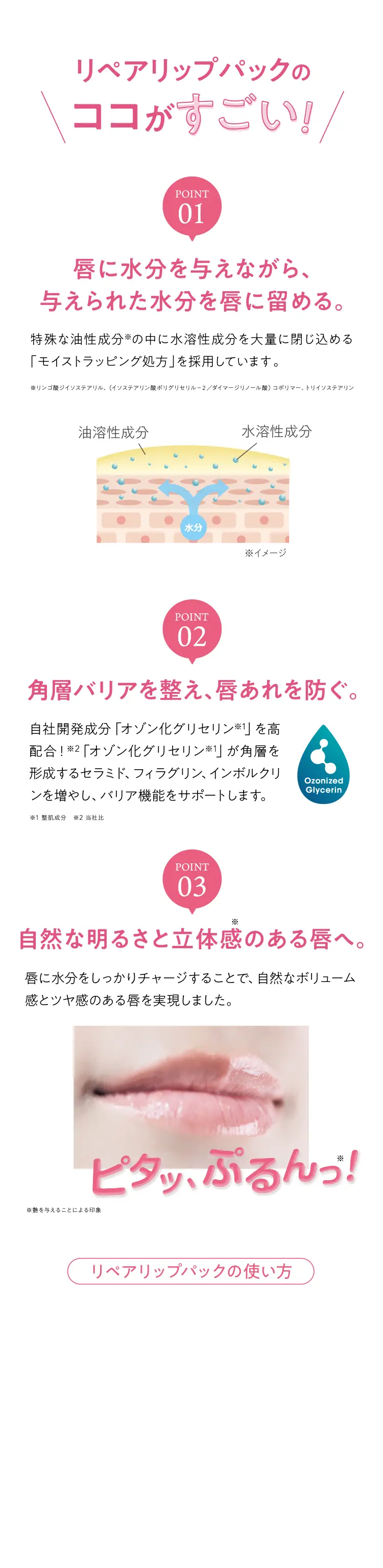 リペアリップパックのココがすごい！ - POINT01 唇に水分を与えながら、与えられた水分を唇に留める。特殊な油性成分※の中に水溶性成分を大量に閉じ込める「モイストラッピング処方」を採用しています。 POINT02 角層バリアを整え、唇あれを防ぐ。自社開発成分「オゾン化グリセリン※］」を高配合！※2「オゾン化グリセリン※1」が角層を形成するセラミド、フィラグリン、インボルクリンを増やし、バリア機能をサポートします。POINT03 自然な明るさと立体感のある唇へ。