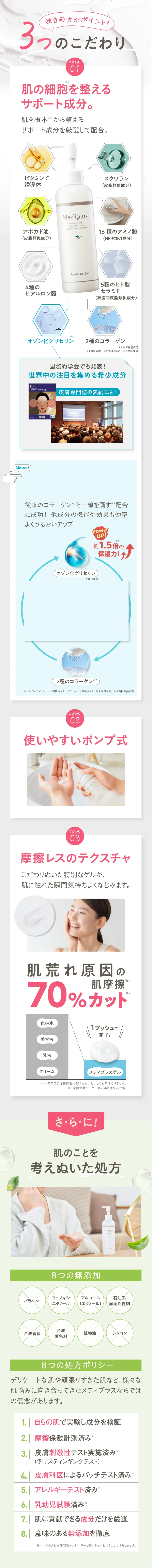 こだわりたっぷり！肌の細胞を整えるサポート成分、使いやすいポンプ式、気持ち良いテクスチャ、8つの無添加、4つの低刺激評価