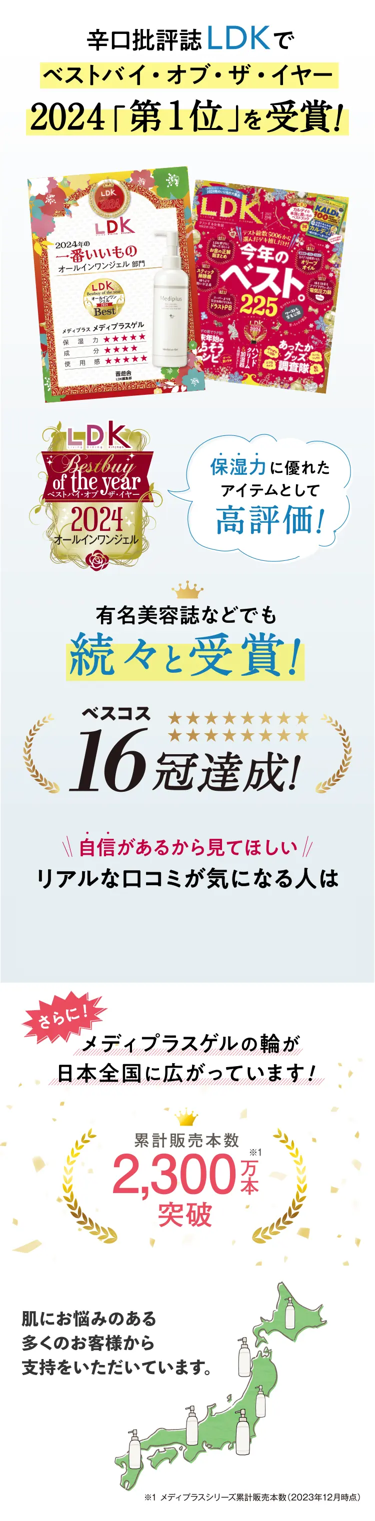 さらに！メディプラスゲルの輪が日本全国に広がっています！累計販売本数2,300万本突破